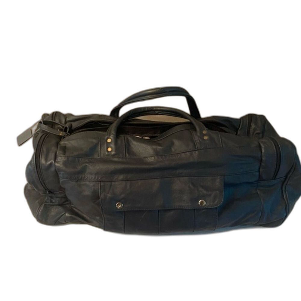 VTG Lufthansa Black Leather Overnight Duffle Bag Zip Up Made in Mexico